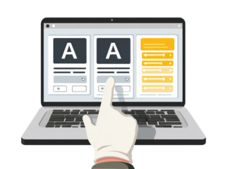 A hand, wearing a white glove, points to a selection on a laptop screen displaying two content options and adjustable settings