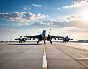 Fototapeta premium Three fighter jets are parked in line on the runway, under a bright sky during sunset.