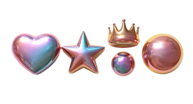 Four 3D shapes, heart, star, crown, and orb, in iridescent, pastel pink and blue/purple hues