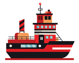 Modern style tugboat illustration with red and orange color palette simplified marine vessel design nautical theme graphic element