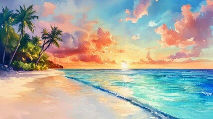 beach with sunset colors, made with watercolor generative ai