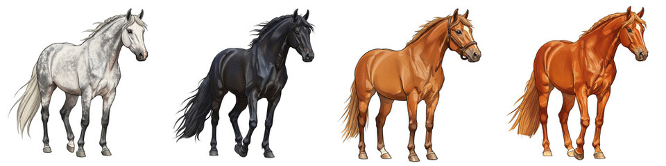 Fototapeta premium Set of isolated horses in different colors: gray, black, brown, and chestnut 