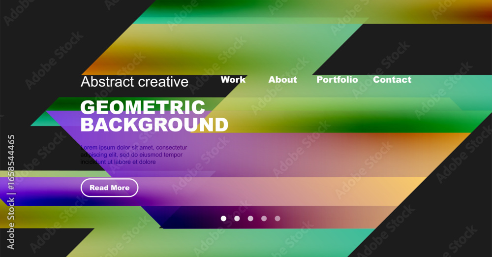 Poster abstract website mockup features vibrant geometric shapes, text, navigation menu. modern design with