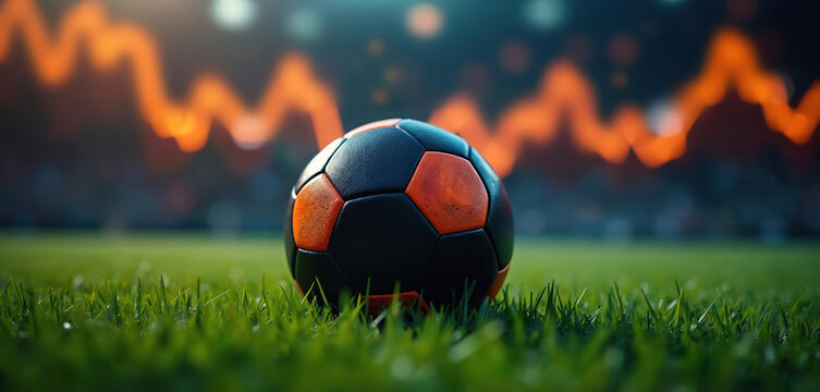 Black and orange soccer ball rests on green grass. Orange digital graph and blurred lights in background suggest sports data analysis, performance tracking, and energetic competition.