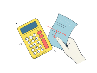 A hand holds a document with a calculator beside it, suggesting calculation or accounting