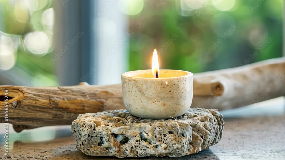 Poster a calming display features a lit candle resting on a textured stone base, enhancing the tranquil amb