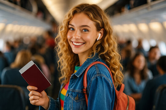 Beautiful young woman traveler in airplane aisle with passport ready for vacation