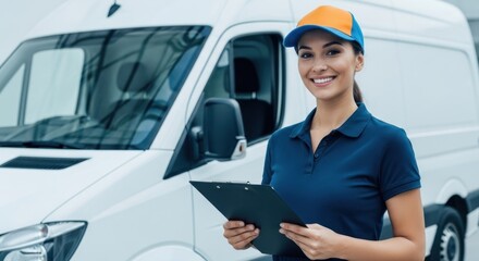 Smiling woman holding clipboard in front of a white delivery van