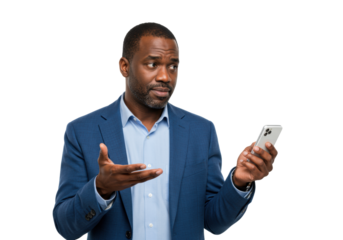 Mixed-race man in blue blazer, holding smartphone, open palm, thoughtful expression, white studio background, copy space. Concept of strategic thinking