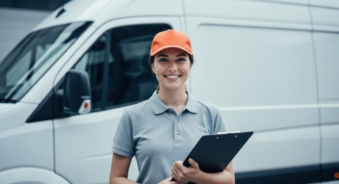 Smiling woman with clipboard beside van, wearing cap and gray polo shirt