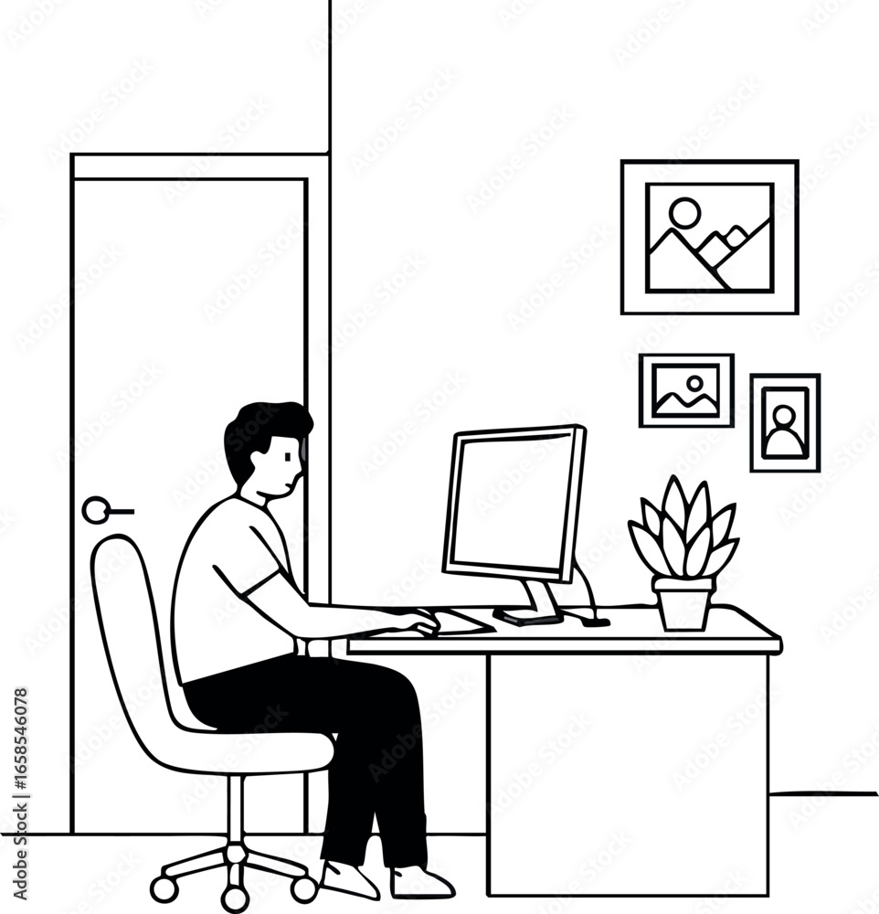 Poster man sitting at desk working on computer in office simple black and white vector illustration