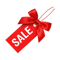 Festive red sale tag with satin bow ideal for promotions and discounts transparent background