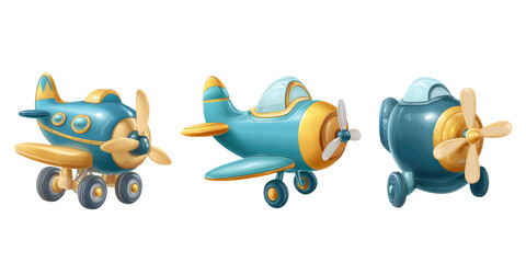 Three cartoon airplanes in teal and mustard yellow