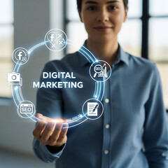 Smiling Businesswoman Presenting a Holographic Digital Marketing Interface with Social Media, SEO, and Content Icons