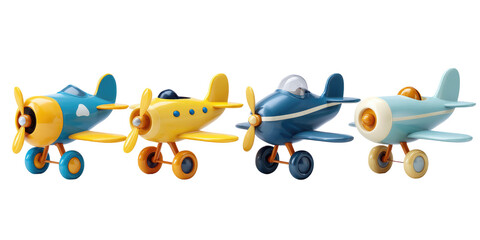 Four toy airplanes in blue and yellow.  Colorful, vintage-style toy aircraft with propellers and wheels.  Playful and simple design