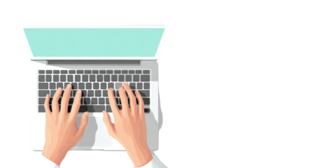 Top-down view of hands typing on a laptop