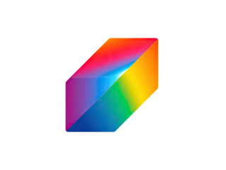 A vibrant, 3D, pixelated cube, with a rainbow gradient, set against a black background.  The cube's edges are outlined, enhancing its form