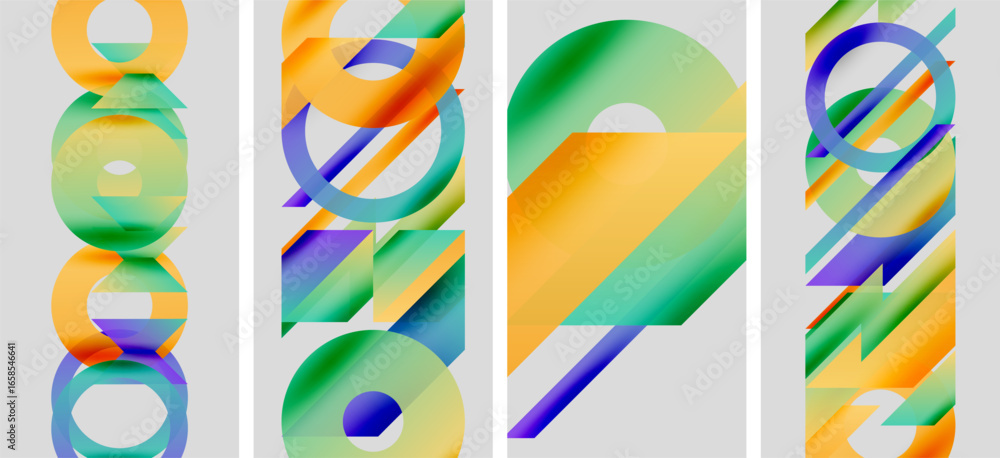 Poster abstract geometric artwork. colorful overlapping shapes create dynamic visual patterns. modern desig