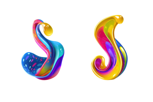 Two stylized, vibrant, letter "S"s.  Each letter is formed from swirling, multicolored, liquid-like shapes.  Highlights of yellow, gold, pink, and blue.  Abstract and playful