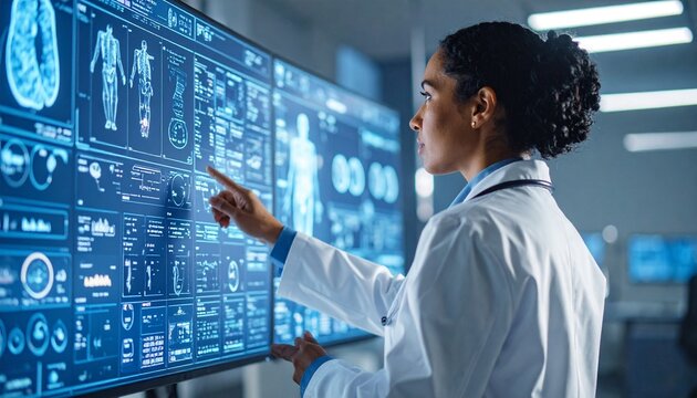 Medical professional using interactive digital screen with anatomical diagrams and diagnostic data.