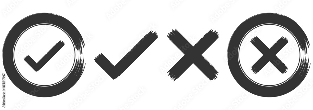 Poster grunge brush stroke checkmarks with tick and cross symbols. green and re grunge style vector illustr
