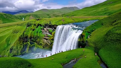 Waterfall cascades over rocks as hikers explore lush greenery and distant mountains beneath blue skies