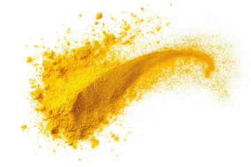 Vibrant yellow powder explosion with fine particles isolated on transparent background