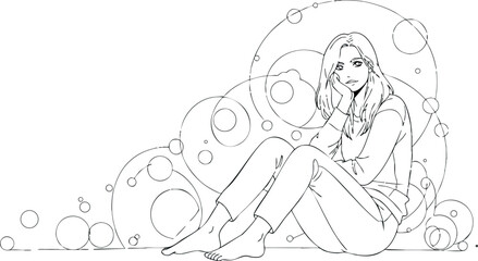 Fototapeta premium Young woman sitting surrounded by decorative bubbles in contemplative pose vector illustration 