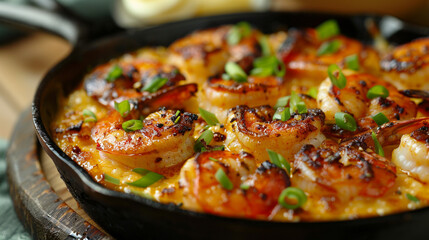 Southern shrimp and grits with creamy cheese grits, seared shrimp, and scallions, served in a cast iron skillet.