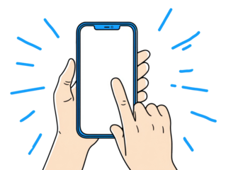 Hands holding a smartphone, finger touching screen, radiating bursts