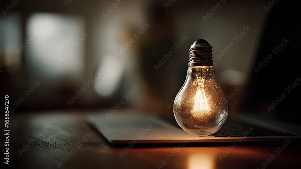 Poster Glowing lightbulb hovering over an open laptop computer
