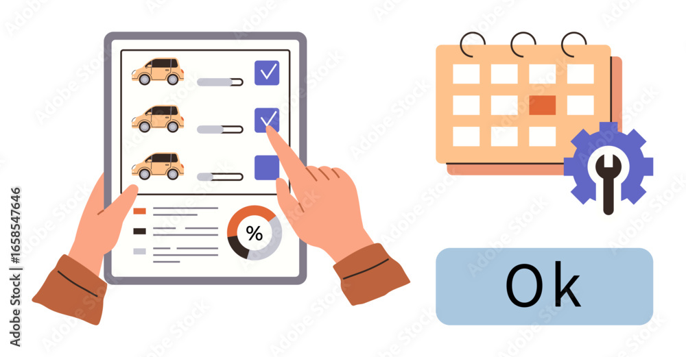 Poster hands interacting with a tablet displaying a car maintenance checklist and statistics, a calendar wi