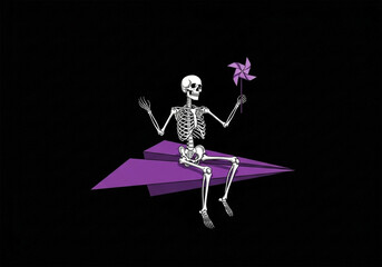 A stylized skeleton figure, positioned centrally on a purple origami paper airplane, is depicted against a black background