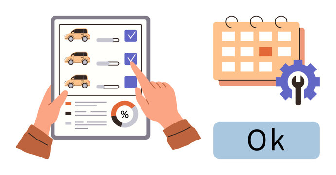 Hands interacting with a tablet displaying a car maintenance checklist and statistics, a calendar with a gear, and an Ok button. Ideal for scheduling, organization, task management, reminders