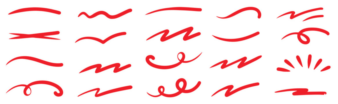 Red squiggle brush scribble underline. Marker pen emphasis highlight red swoosh stroke.