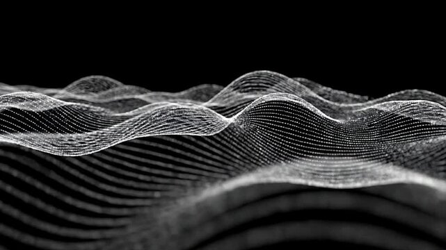 Abstract flowing grid waves in white lines over dark background, showcasing futuristic data movement, modern innovation, and advanced technology visualization."