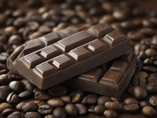 Rich dark chocolate bars with textured surface resting on roasted coffee beans, creating warm and indulgent scene, evoking comfort and luxury
