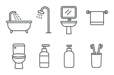 Bathroom icon set featuring bathtub, shower, sink, towel, toilet, soap dispenser, toothbrush holder