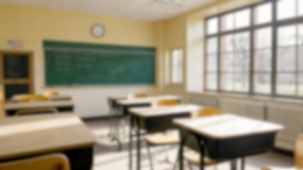 Blurred Bright and Spacious classroom and study room with Wooden Desks and Sunlight Windows