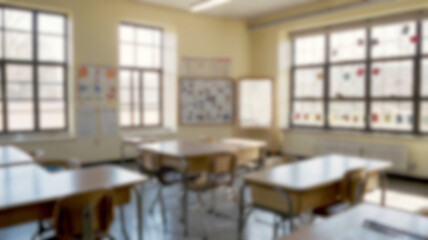 Blurred Bright and Spacious classroom and study room with Wooden Desks and Sunlight Windows