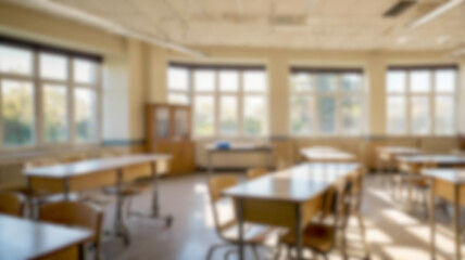 Blurred Bright and Spacious classroom and study room with Wooden Desks and Sunlight Windows