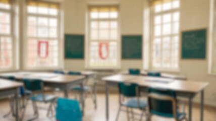 Blurred Bright and Spacious classroom and study room with Wooden Desks and Sunlight Windows