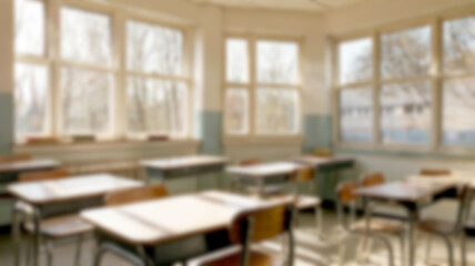 Blurred Bright and Spacious classroom and study room with Wooden Desks and Sunlight Windows