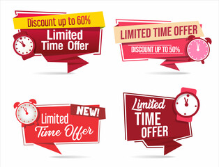 Naklejka na ściany i meble Limited offer icon with time countdown. Banner for sale promotion. Super promo label with alarm clock and word. Special offer. 