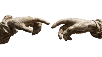 Two aged, sculpted hands, reaching towards each other, fingers nearly touching.  Detailed depiction of human anatomy