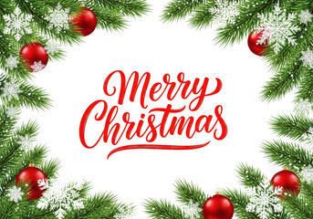 Merry christmas frame isolated on transparent background, featuring festive fir branches, ornaments, and snowflakes for a joyful holiday greeting card design