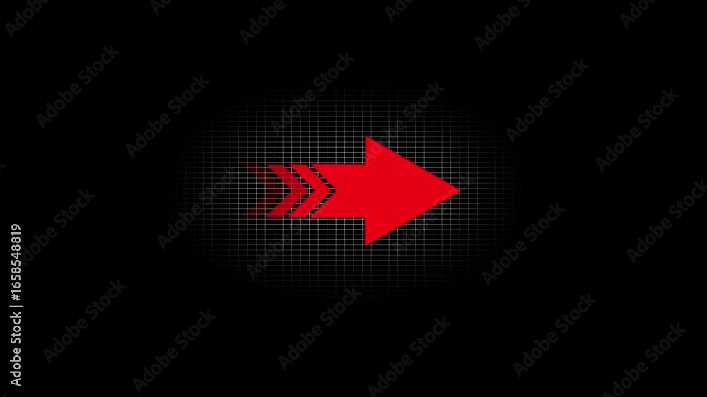 Poster arrow icon concept animation. right-directional arrow red color overlay video layer icon on a black 