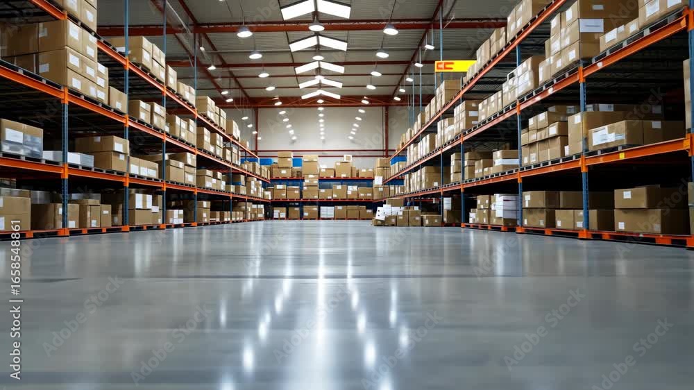 Poster rows of shelves display neatly organized packages in a spacious storage facility emphasizing order a