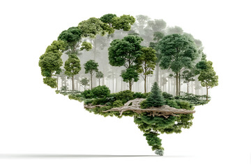 Plakat Think Green- human brain with green trees. World environment day and nature conservation day background. Green mental health concept isolated on white background. Generative AI.