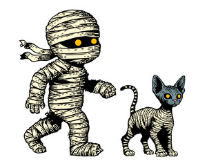 A whimsical illustration featuring a mummy character and a sphinx cat both adorned with bandages depicted, Egyptian